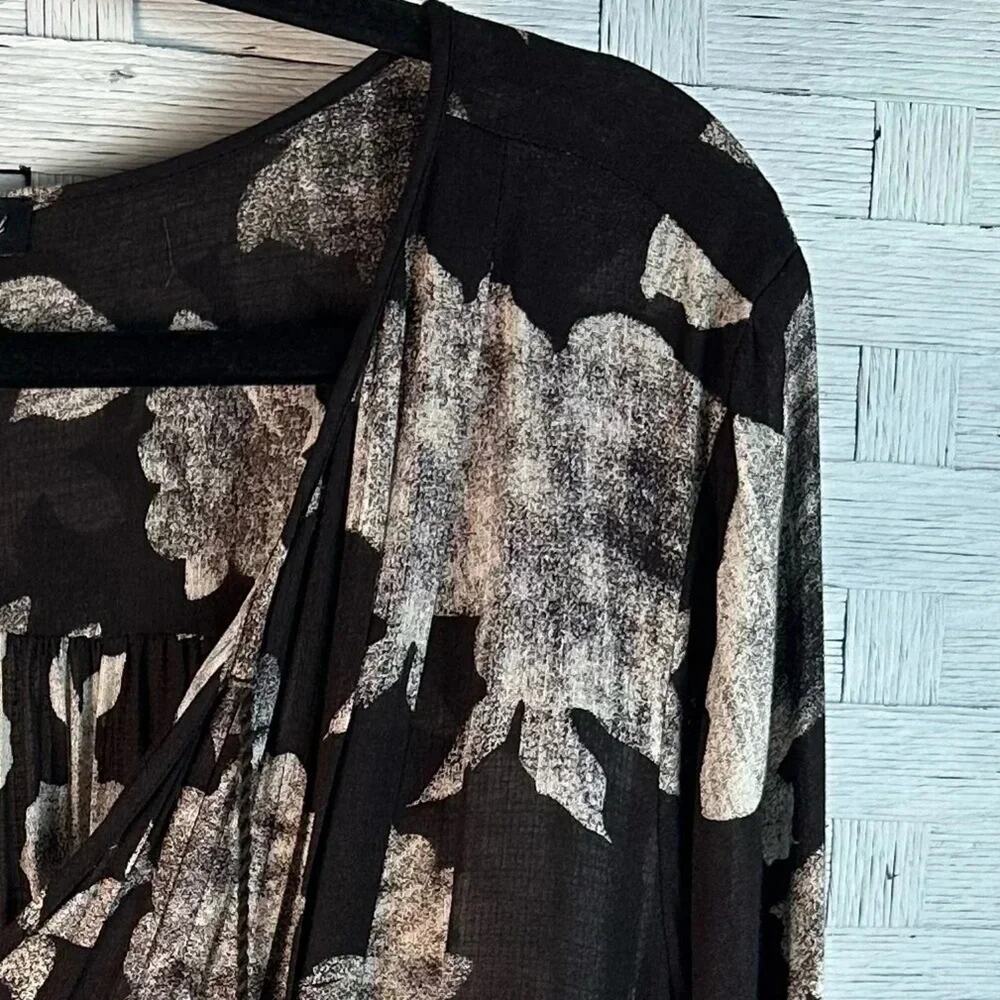 LUCKY BRAND top blouse black & cream floral lung sleeve bohemian peasant hippie - Picture 3 of 9